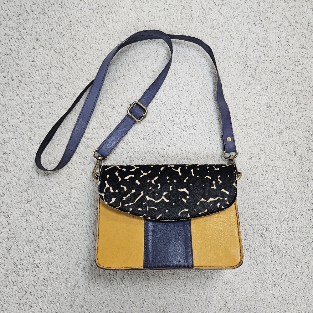 Crossbody Purse Calf Hair Leather Colorblock Boho Yellow Blue Red Leopard